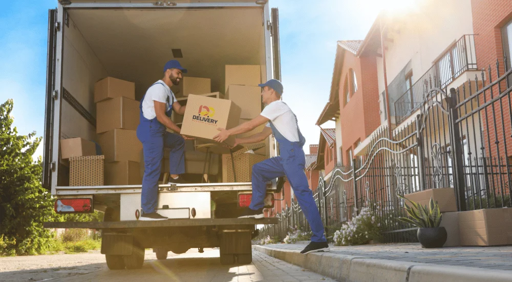 A moving truck parked outside a house in Birmingham, with movers carrying boxes and furniture.