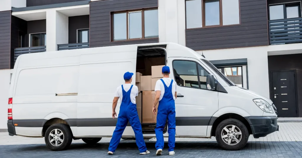 Delivery van service with a friendly delivery man unloading boxes.