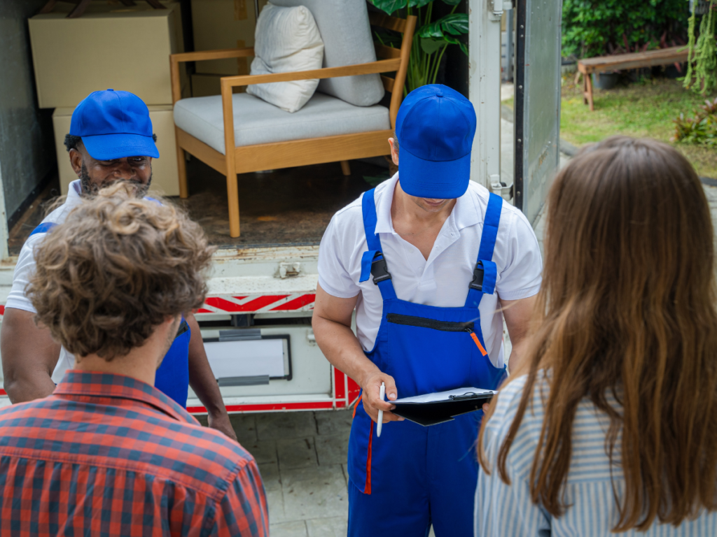 Two professional workers in blue uniforms talking to clients about Household Waste Removal in front of a truck with furniture.