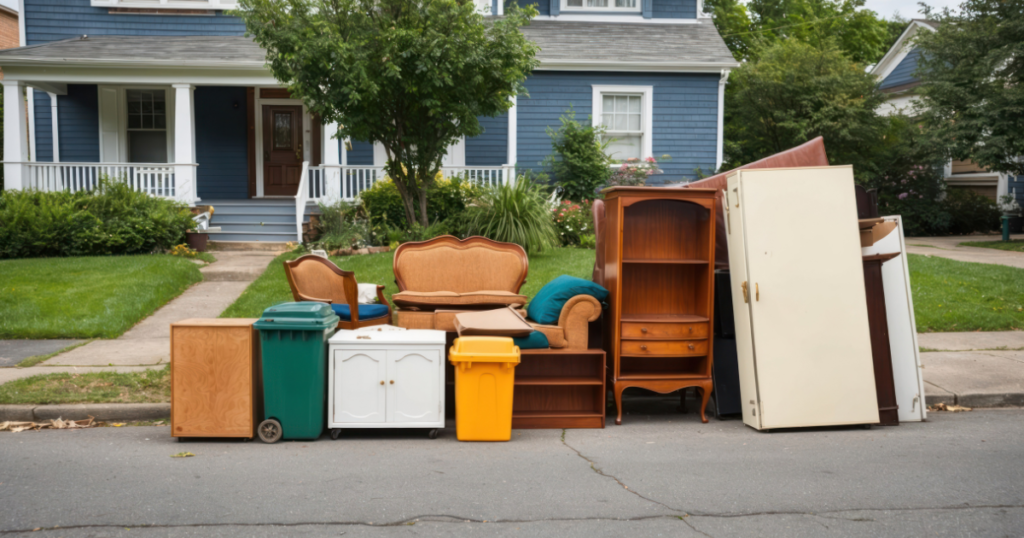 Large furniture and household items placed on the curb for Household Waste Removal in front of a blue house.