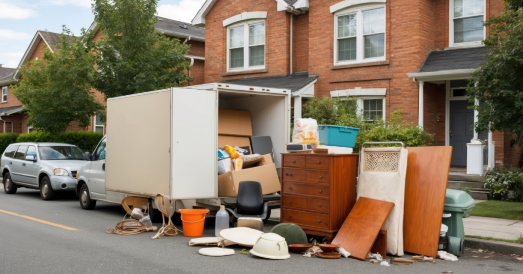 Household items and furniture placed on the curb for waste removal outside a brick residential home.