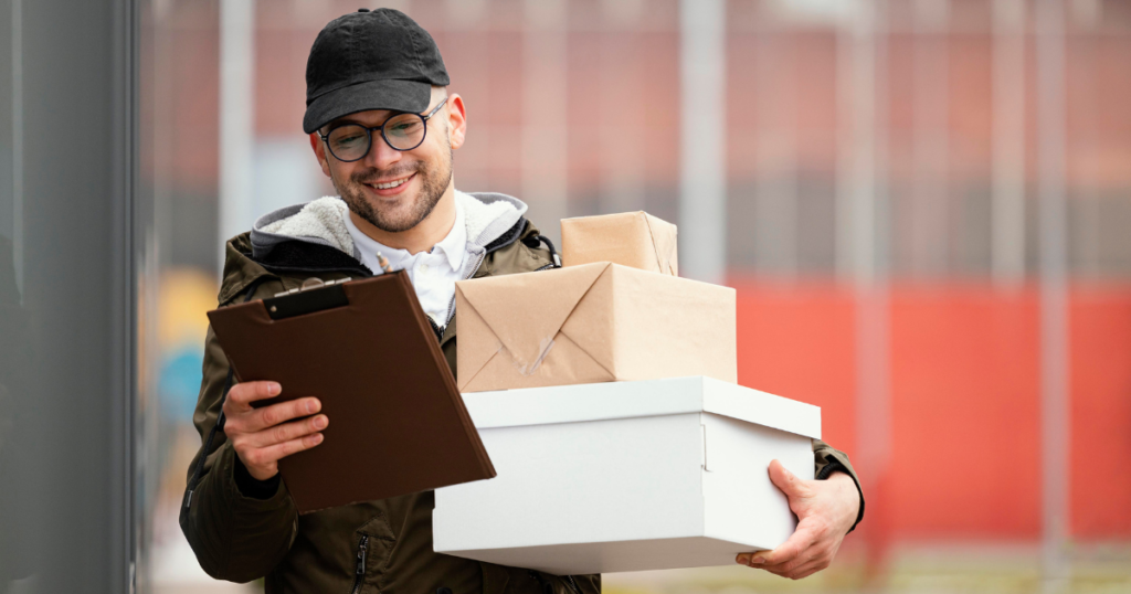 Smiling delivery man holding parcels and a clipboard, representing a parcel delivery service in Birmingham.