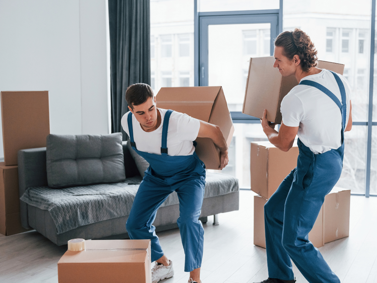 Two movers carefully lifting boxes during a home relocation, showcasing affordable and efficient removal services.