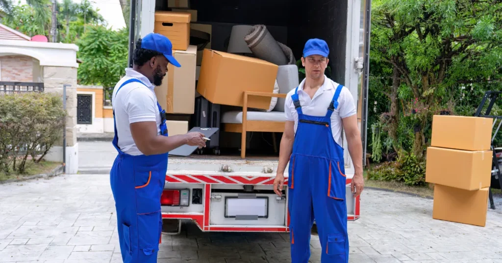 Two removal services workers in blue uniforms stand by a truck loaded with furniture and boxes. One checks a clipboard. Outdoor scene.